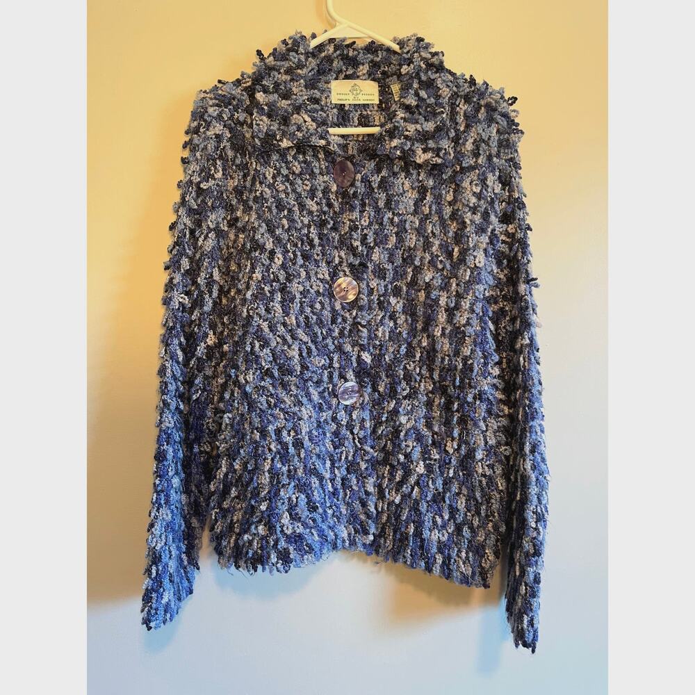 1990s Design Options Dusty Blue Loop Carpet Shag Fluffy Art To Wear Cardigan M